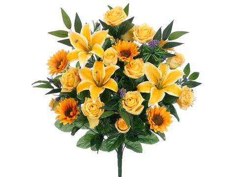 23" Rose/Lily/Sunflower Bush x30 Yellow Orange (pack of 6)