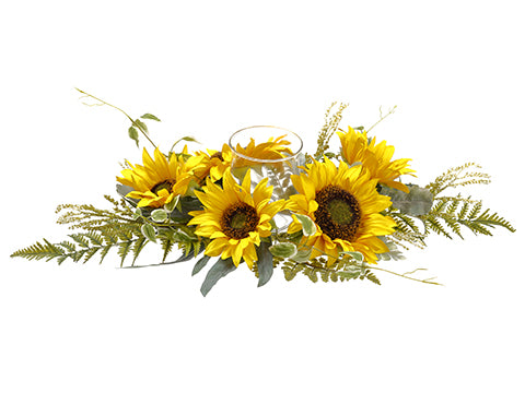 6"Hx17"Wx29"L Sunflower/ Lamb's Ear/Fern Centerpiece With Glass Candleholder Yellow (pack of 2)