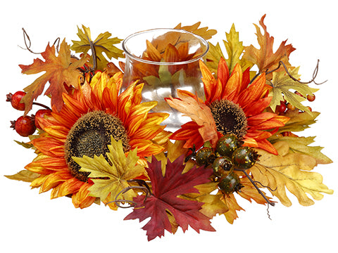 6"HX16"D Sunflower/Berry/Fern /Maple Centerpiece With Glass Candleholder x1 Yellow Gold (pack of 1)