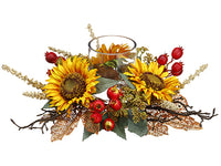 6.5"Hx14"L Sunflower/Maple Leaf Pomegranate Centerpiece With 3"D Glass Candleholder x1 (pack of 2)