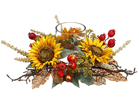 6.5"Hx14"L Sunflower/Maple Leaf Pomegranate Centerpiece With 3"D Glass Candleholder x1 (pack of 2)