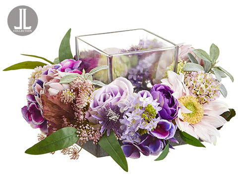 7"Hx15"Wx15"L Rose/Sunflower /Protea Centerpiece With Glass Candleholder Pink Lavend (pack of 1)