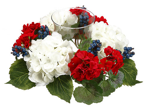 6.25"Hx13"D Hydrangea/ Geranium Candleholder With Glass x1 White Red (pack of 4)