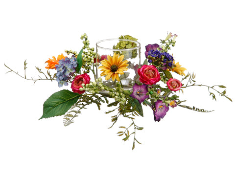7"Hx14"D Daisy/Ranunculus/ Morning Glory Centerpiece w/4" Glass Candleholder Mixed (pack of 4)
