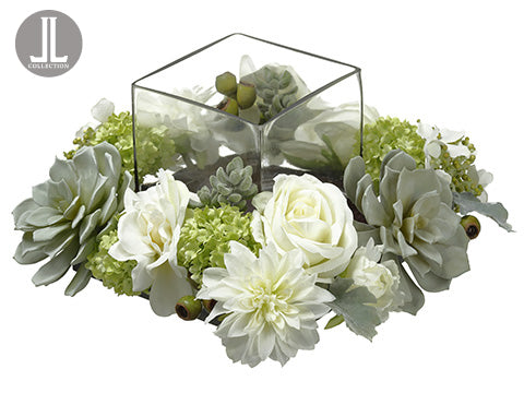 8"Hx14"Wx14"L Rose/Dahlia /Snowball Centerpiece With Glass Candleholder White Green (pack of 1)