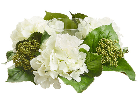 6.5"Hx14"D Hydrangea/Sedum Arrangement Centerpiece With Glass Candleholder White (pack of 2)