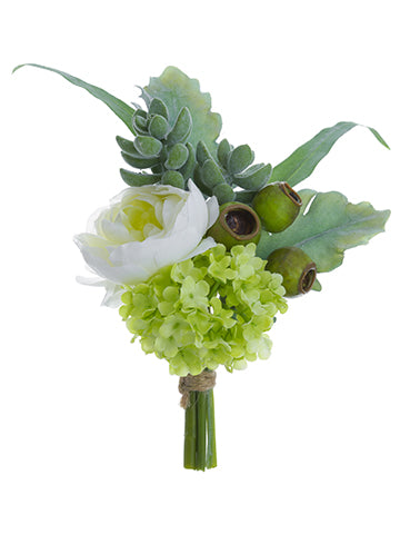 9" Ranunculus/Snowball Corsage White Green (pack of 12)