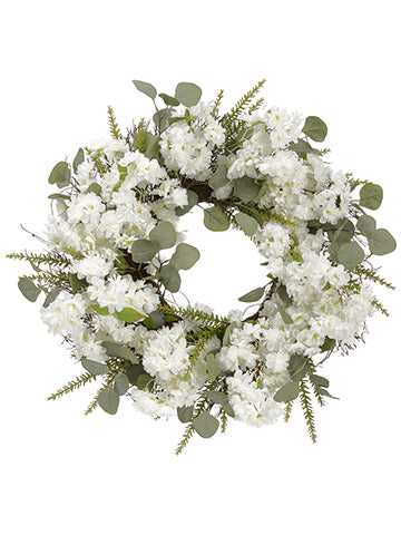 24" Cherry Blossom/Eucalyptus Wreath White Green (pack of 2)