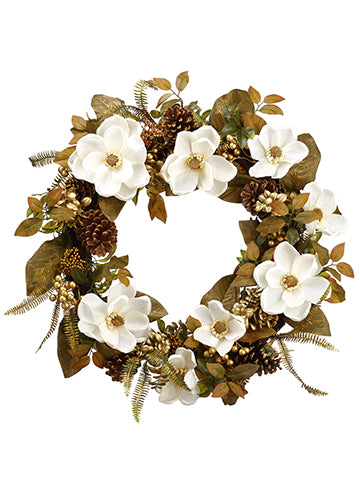 26" Magnolia/Pine Cone/Berry Wreath White Green (pack of 3)