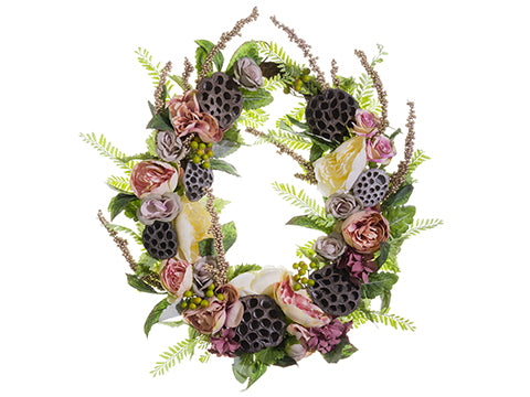 24"Wx27"L" Rose/Lotus Pod/Berry Wreath Mauve Cream (pack of 2)