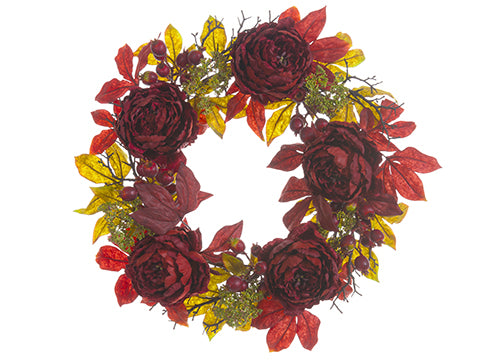 24" Peony/Sedun Wreath  Rust Green (pack of 2)
