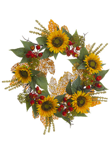 24" Sunflower/Pomegranate/ Maple Leaf Wreath Yellow Gold (pack of 1)