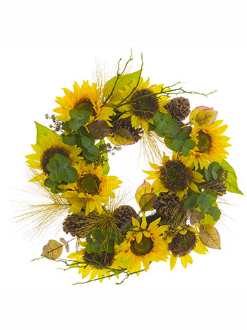 22" Sunflower/Eucalyptus Leaf/Pine Cone/Long Needle Pine Wreath Yellow Brown (pack of 4)