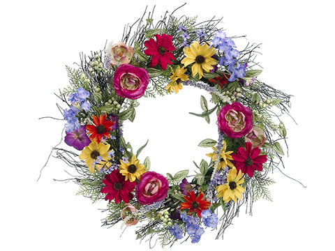 24" Ranunculus/Rudbeckia/ Morning Glory Wreath Mixed (pack of 2)
