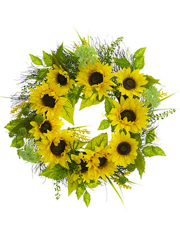 24" Sunflower/Snowball /Pokeberry Wreath Yellow Green (pack of 4)