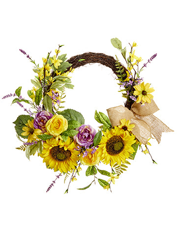 24" Sunflower/Ranunculus/ Lavender Wreath Yellow Purple (pack of 4)