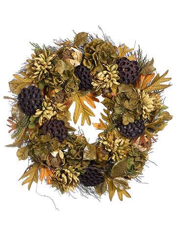 24" Dahlia/Hydrangea/Lotus Pod Wreath Green Moss (pack of 2)
