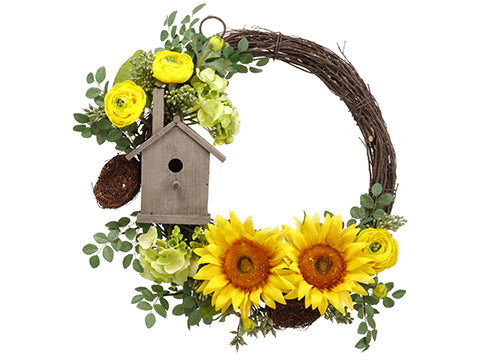 19" Sunflower/Hydrangea/ Birdhouse Wreath Yellow Green (pack of 2)