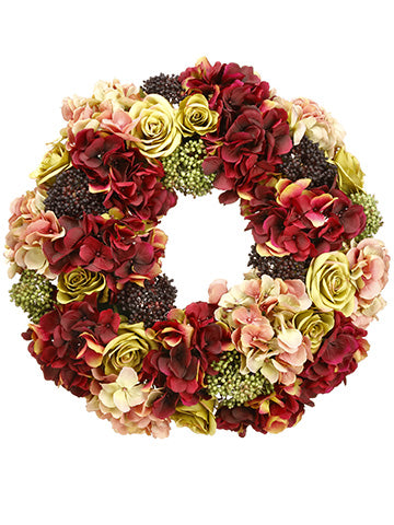 19.5" Hydrangea/Rose/Sedum Wreath Burgundy Green (pack of 2)