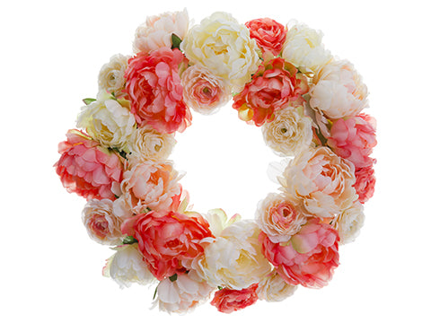 21" Peony/Ranunculus Twig Wreath Coral Blush (pack of 2)