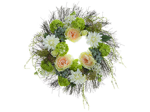 24" Peony/Dahlia/Snowball /Succulent Wreath Peach Green (pack of 2)