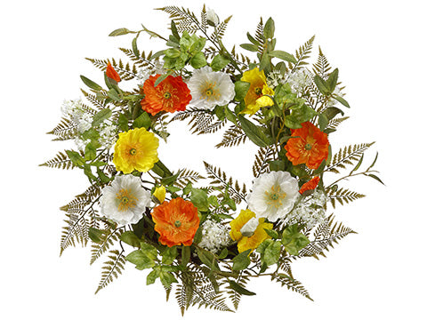 24" Poppy/Queen Anne's Lace Wreath Orange Yellow (pack of 2)