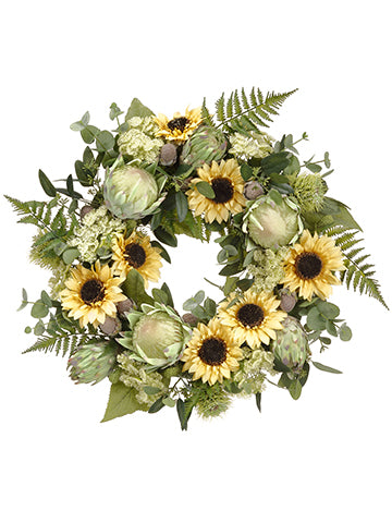 24" Sunflower/Protea/Queen Anne's Lace Wreath Yellow Green (pack of 1)