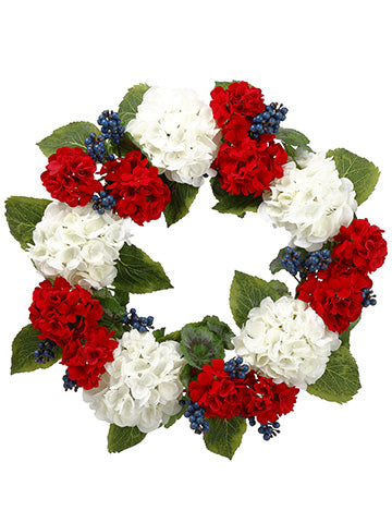 22" Hydrangea/Geranium Wreath  White Red (pack of 2)