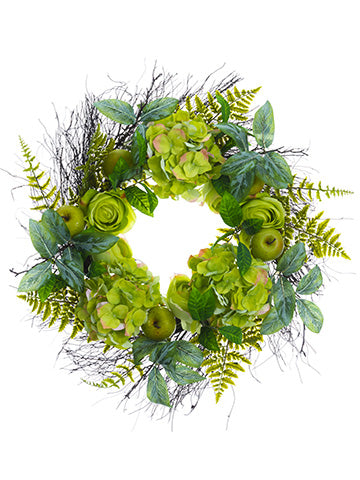 24" Hydrangea/Rose/Apple Wreath Green (pack of 1)