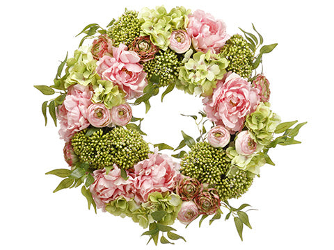 23" Peony/Hydrangea/ Sedum Wreath Green Pink (pack of 1)