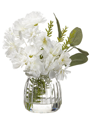 7" Cherry Blossom/Eucalyptus in Glass Vase White Green (pack of 6)