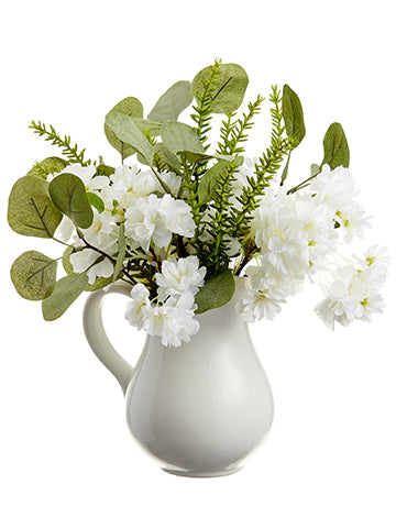13" Cherry Blossom/Eucalyptus in Ceramic Pitcher White Green (pack of 2)