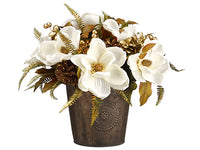 15" Magnolia/Pine Cone/Berry in Tin Pot White Green (pack of 2)