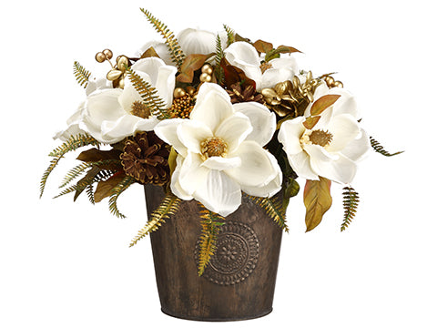 15" Magnolia/Pine Cone/Berry in Tin Pot White Green (pack of 2)
