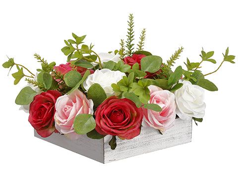 11" Rose/Eucalyptus in Wood Pot Pink White (pack of 2)