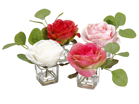 4.5" Rose in Glass Vase Assortment (4 Colors/Assorted) Assorted (pack of 8)