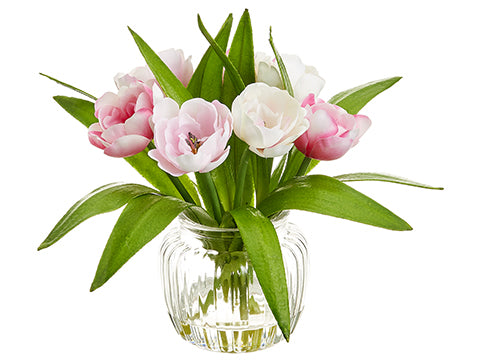 9" Tulip in Glass Vase  Pink White (pack of 6)