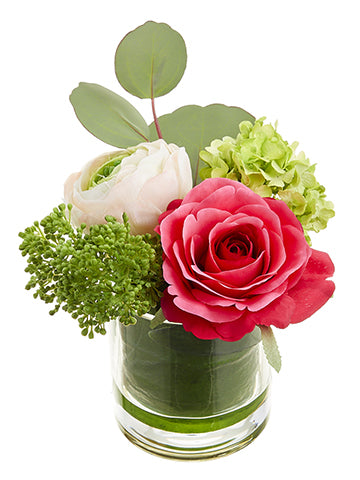5.25" Ranunculus/Rose/ Snowball in Glass Vase Beauty Pink (pack of 6)
