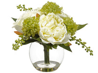 7" Peony/Snowball in Glass Vase White Green (pack of 6)