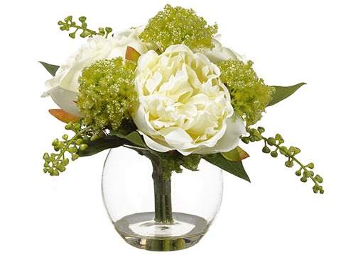 7" Peony/Snowball in Glass Vase White Green (pack of 6)