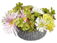 6.5" Ranunculus/Daisy/ Snowball in Cement Bowl Yellow Pink (pack of 6)