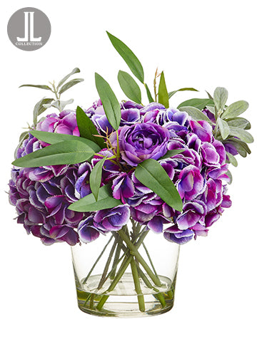 14" Hydrangea/Ranunculus in Glass Vase Purple Orchid (pack of 2)