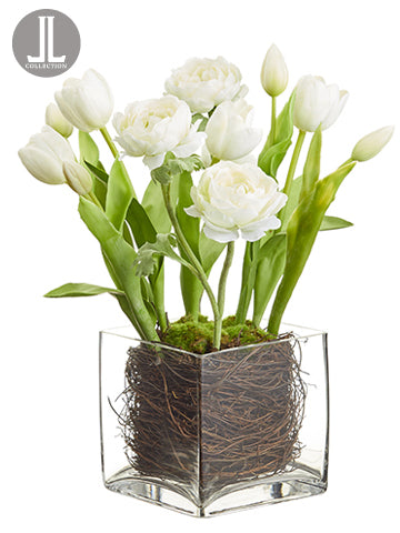 16" Ranunculus/Tulip in Glass Vase White (pack of 4)