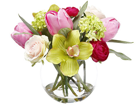 10" Ranunculus/Snowball/Rose in Glass Vase Pink Green (pack of 4)