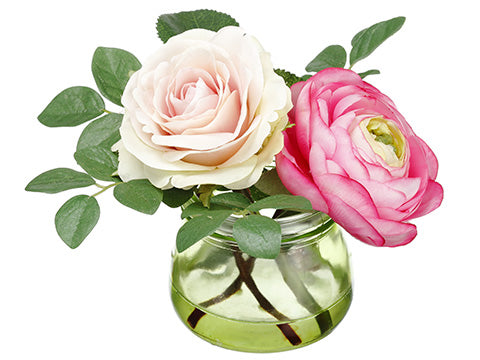 4.25" Ranunculus/Rose in Glass Vase Two Tone Pink (pack of 12)