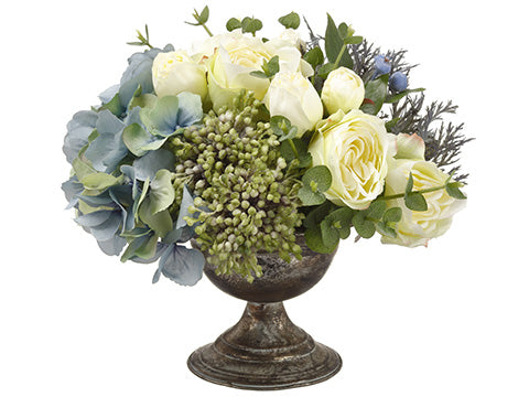 9.5" Rose/Hydrangea/ Sedum in Tin Pot Blue Cream (pack of 1)