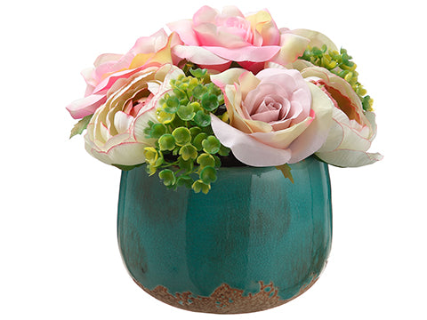 6" Rose/Hydrangea in Ceramic Vase Pink Green (pack of 4)