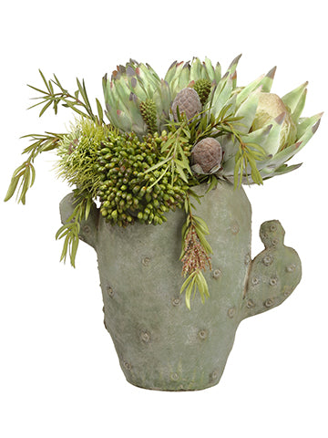 16" Protea/Leucadendron /Sedum in Cement Cactus Planter Green Brown (pack of 1)