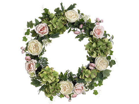 24" Hydrangea/Rose Mixed Wreath Pink Green (pack of 4)