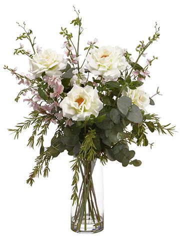 39" Rose/Sweetpea/Eucalyptus in Glass Vase White Pink (pack of 1)